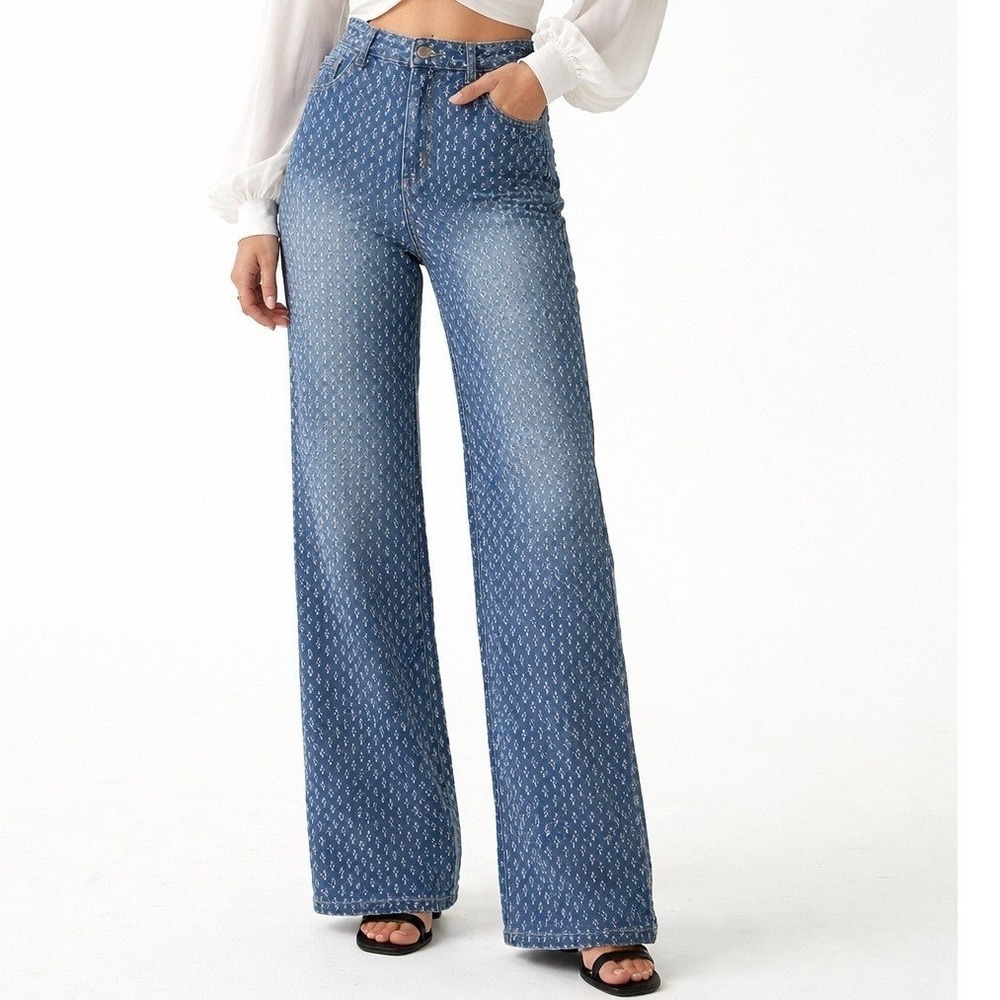 Jaded London W28 Slouchy Fit Distressed Wide Leg Jeans Blue Denim Textured Pants